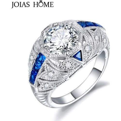 JoiasHome925 sterling silver ring Europe and the United States luxury full diamond hollow blue gem ring party bridal jewelry