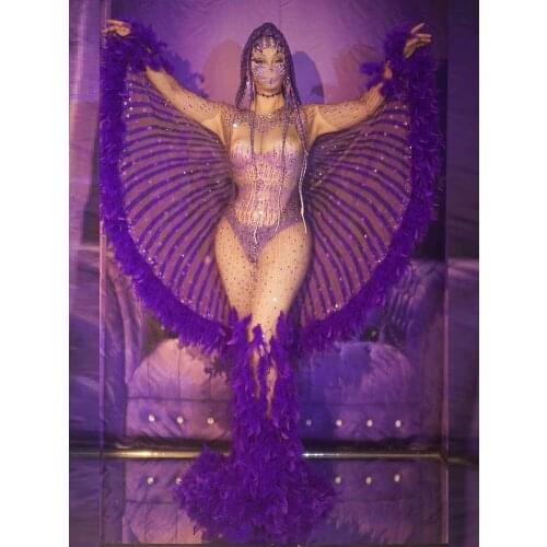 Jumpsuit and dress 2 piece Set Designer Purple Rhinestone Women Sexy Feather Dance Stage Performance drag queen Costume Birthday