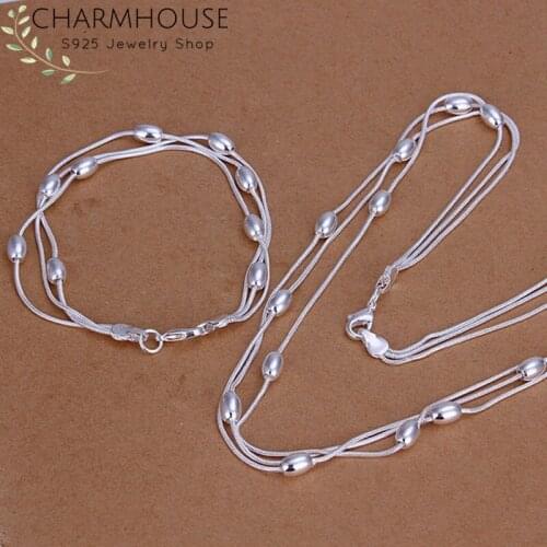 Charmhouse Silver 925 Jewelry Sets For Women 3 Chains Beads Bracelets Necklace 2pcs Jewellry Set Wedding Bridal Accessories Gift
