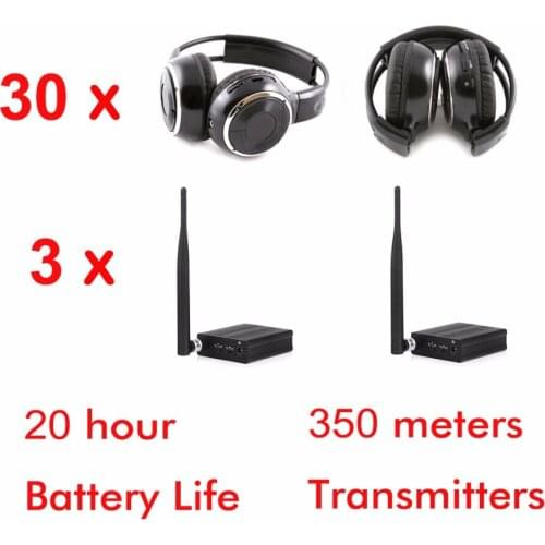 500m 3 - channel silent disco headphones package ( 30 pcs foldable RF headphones and 3 pcs transmitter)