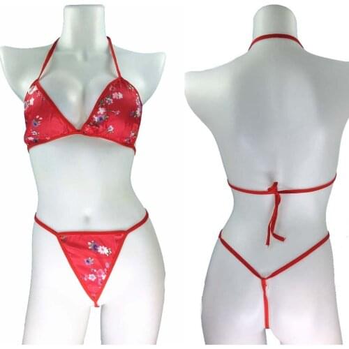 Red Bikini Women Erotic Lingerie Sexy Flower Print Wireless Sleepwear Underwear Set Sexy Bras For Woman