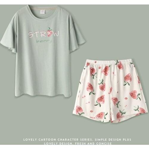 Summer Avocado Green Pajamas For Women 100% Cotton Short Sleeve Homewear Korean Sweet Kawaii Strawberry Shorts Women Sleepwear