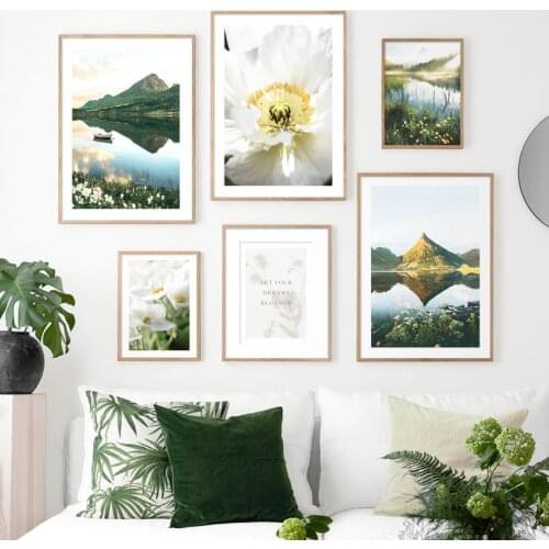Peaceful Mountain Lake Blooming Poppy White Flower Wall Art Print Canvas Painting Nordic Poster Decor Picture For Living Room