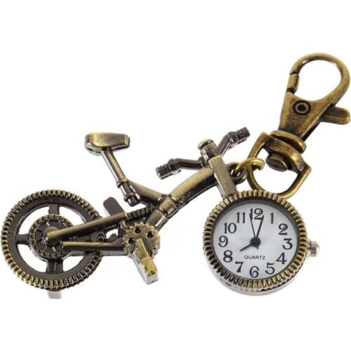 Fashion vintage Bronze Color Bike keychain Clock Quartz Pocket Pendant Watch Necklace Sweater key Chain Stationary