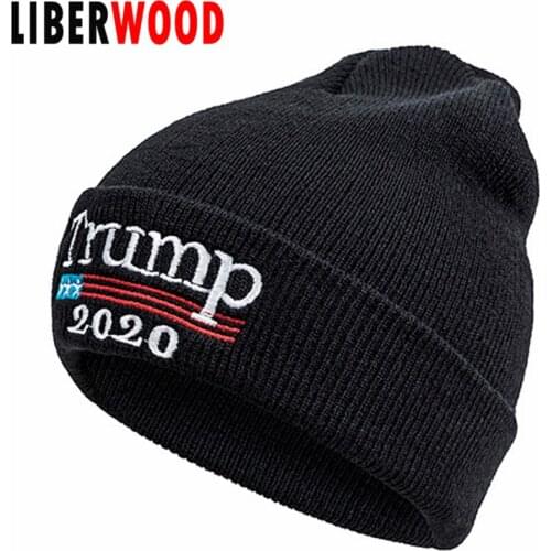 LIBERWOOD Trump 2020 Keep America Great MAGA Campaign Embroidered Knitted Skull Beanie TRUMP Cap USA Hat Men Women Winter Hat