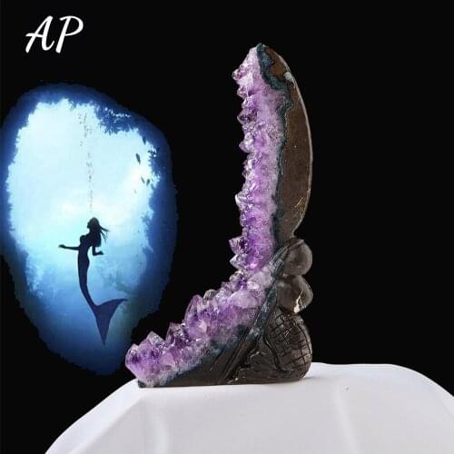 Natural Amethyst Mermaid Ornaments Hand Carved Raw Purple Crystal Cluster Healing Stones Specimen For Gifts