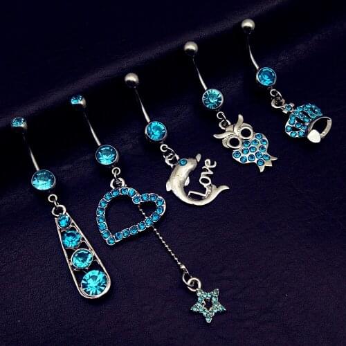 5pcs 2019 new arrivals lake blue cross crown heart star dolphin dangling navel belly bar button rings body piercing jewelry