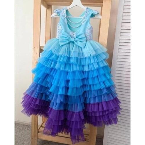 Kid Girls Luxury Tiered Princess Ball Gowns Multil Layers Girls Puffy Princess Dresses Birthday Pink Blue Dresses Custom