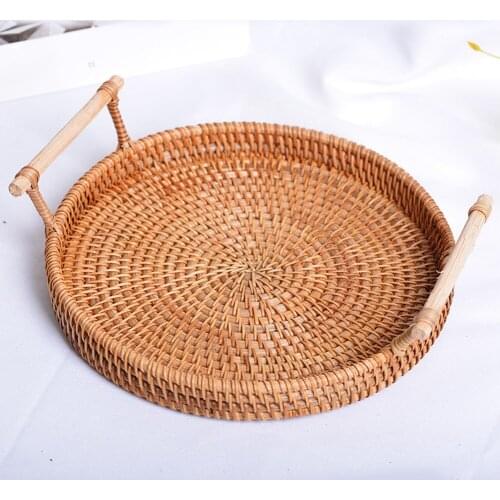 Rattan Handwoven Round High Wall Serving Tray Food Storage Platters Plate Over Handles For Breakfast Drink Snack For Coffee Tea