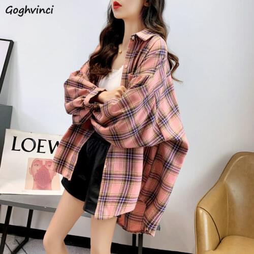 Shirts Women Solid Plaid Chic Outwear Loose 2XL Oversize Chic Womens Korean Style Sweet All-match Elegant Design Blouses Ulzzang