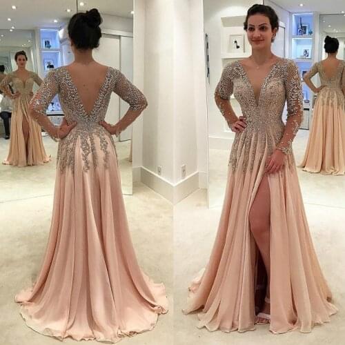 Luxury Long Sleeve V-Neck Evening Dresses 2021 A-Line Side Slit Sequined Beaded Floor Length Chiffon Party Prom Gown Backless