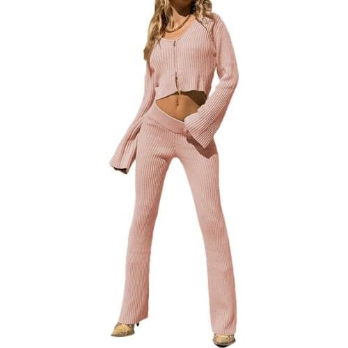 Autumn Womens Knitted Suit Sweatpants Fashion O Neck Sexy Ultra Short Belly Button Zipper Top Ladies Elastic Waist Pants 2021