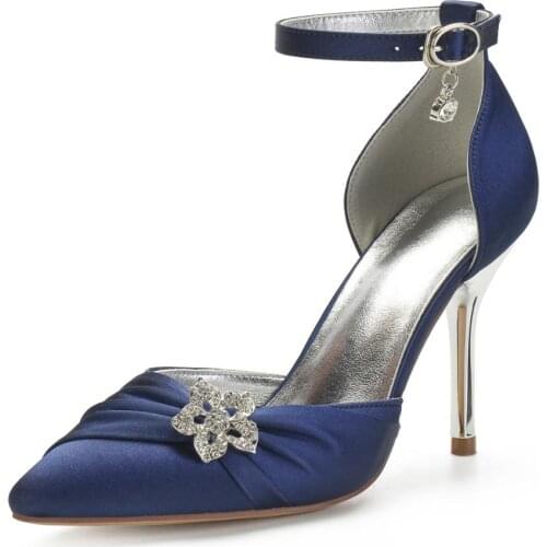 Pointed toe D'orsay lady satin evening dress shoes with flower crystal brooch stiletto bridal wedding prom party woman high heel