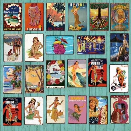 Surf Aloha Hawall Vintage Travel Tin Sign Hula Beach Metal Plate For Wall Pub Cafe Home Art Craft Decor Cuadros DU-5391A