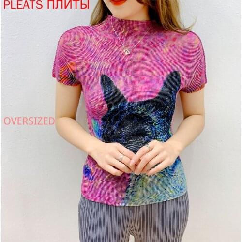 Miyake Pleated Top Womens Summer Temperament Half-high Neck Short-sleeved T-shirt Cat Print Bottoming Pleats Shirt