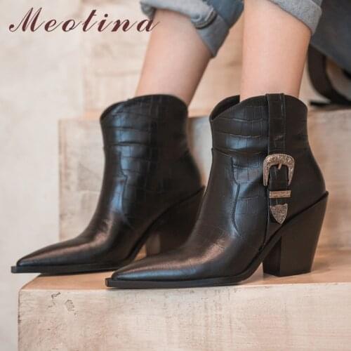 Meotina Genuine Leather Western Boots Shoes Women Pointed Toe High Heel Boots Thick Heel Ladies Short Boots Autumn Winter 33-43