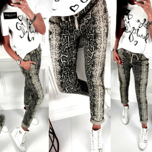 Summer 2021 Women Elastic Waist Jeans Long Pants Fashion Casual Loose Snake Pattern Long Trousers Street wear Clothes