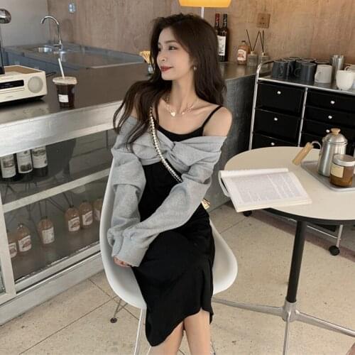 2 Piece Dress Set Women Korean Elegant Pure Color Strap Dress + Loose Hoodie Crop TopSweatshirt Midi Dress 2021 Autumn Fashion