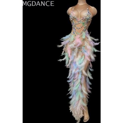 Women Dancer Show Dress Multi-color Rhinestone Pearl Sequin Feather Slit Long Prom Birthday Celebrate Dresses