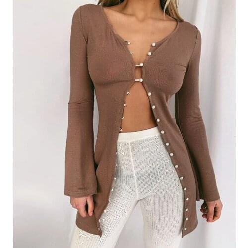 2021 women sexy pearl long sleeves cardigan jacket round collar velvet sweater women Long Sleeve Cardigan Sweaters Shirt Tops