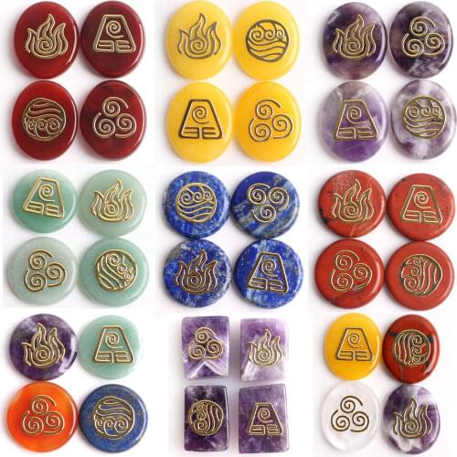 4pcs/set Natural Round Shaped Tumbled Stones with Rune Symbols Stickers Reiki Oval Crystal Plam Healing Energy Collection Gift
