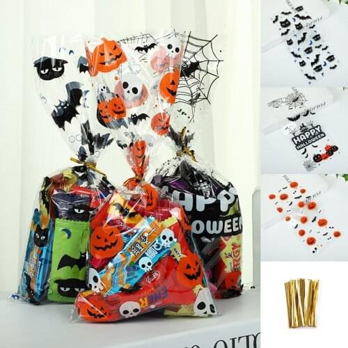 50PCs Halloween Candy Bag Bat Pumpkin Printed Cookie Biscuits Snack Plastic Packaging Bags Halloween Party Decoration Supplies