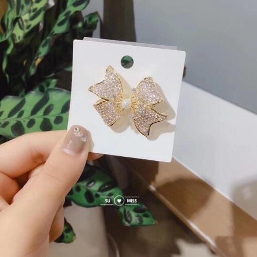 Free Shipping Attractive Rhinestone CZ Stone Bow Brooch Gold Color Simulated Pearl Brooches Pins for Wedding Brooch Bouquet