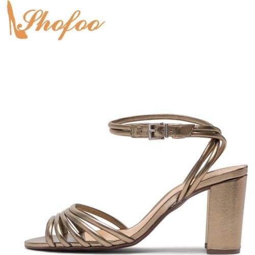 Metallic Narrow Band High Chunky Heels Woman Sandals Wraparound Ankle Strap Large Size 12 16 Ladies Fashion Casual Shoes Shofoo