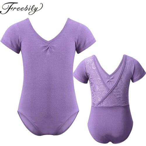 Kids Short Sleeves Floral Lace V-Shaped Back Gymnastics Leotards Girls Ballet Dancewear Children Stage Performance Dance Costume