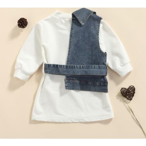 Infant Kids Baby Fashion Girl’s Dress Vest with Belt Set Fashion Solid Color Long Sleeve Dress Half Denim Vest 2021 New Fashion