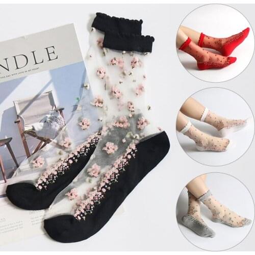 Girls Elastic Rose Flower Short Socks Summer Breathable Ultra Thin Socks Womens Transparent Lace Silk Crystal Sockings