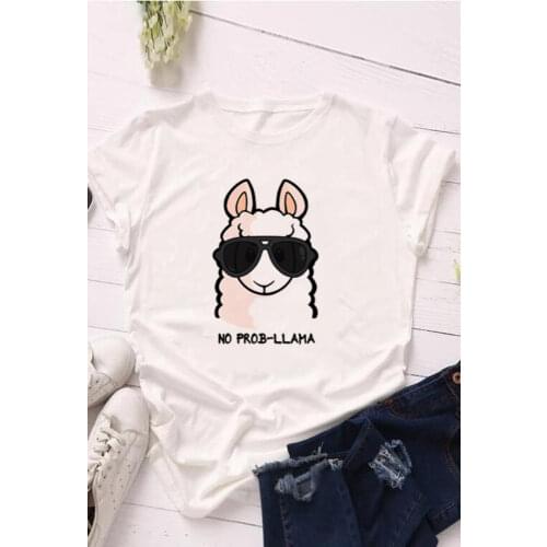 Summer Women No Prob Llama T-Shirt Cute Cartoon Head Print O Neck Short Sleeve Casual Top Fashion Cute Tee Shirt Clothes