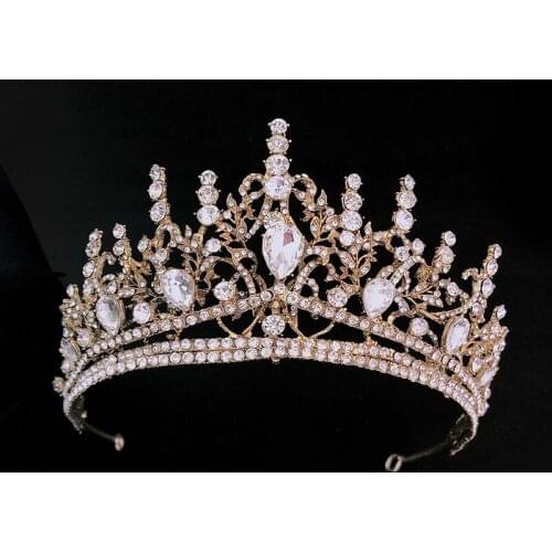 GETNOIVAS Baroque Retro Tiara Rhinestones Headband Headpeice Women Headdress Gold Color Crown Bride Wedding Hair Jewelry SL