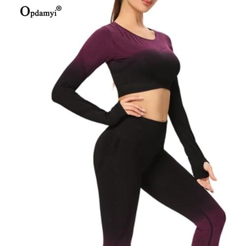 Gradient Hollow Women Seamless Fitness Yoga Set Long Sleeve High Waist Leggings Gym Clothing Workout Running Sports Suit 2PCS