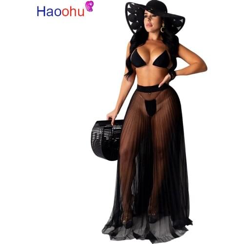 HAOOHU Women Solid Beach Bra Top Panties Mesh See Though Maxi Skirts Set Sexy Party Club Three Piece Set