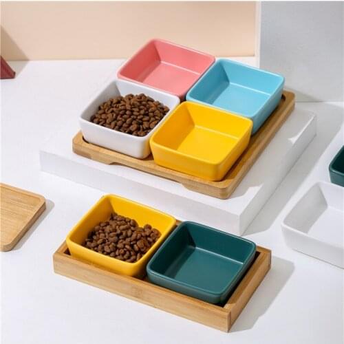 Ceramic Cat Dog Bowl Puppy Kitten Anti-Tipping Pet Feeder Easy To Clean with Tray Square Pet Feeding Supplies Multiple Color Opt