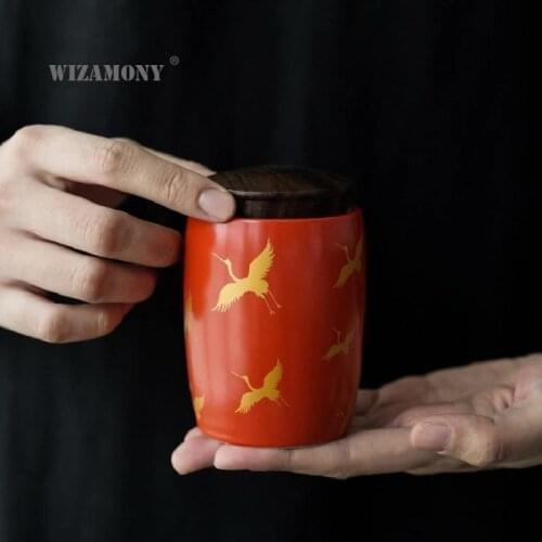 WIZAMONY Ceramic coral red glaze crane ebony cover tea jar sealed jar wake tea jar trumpet jar tea ceremony accessories