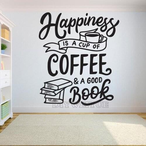 Reading Room Books Wall Sticker Quote Happiness Is A Cup Of Coffee A good Book Vinyl Wall Decal Study Decor Mural Z853