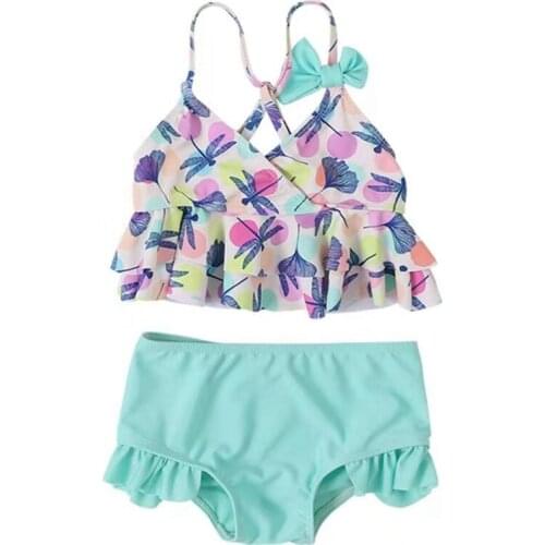Children Girl’s Bikini Set Two Piece Split Swimsuit Bow Printed Backless Tops and Ruffles Elastic Triangle Shorts Beach Wear