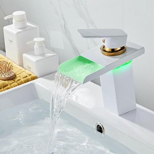 Bathroom Basin Faucet LED Faucet White Sink Waterfall faucet Single Hole Cold Hot Rose Gold Tap Basin Faucet Mixer Tap Torneira