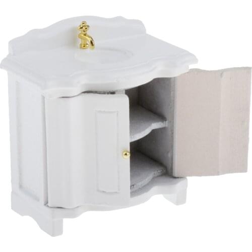 Dollhouse Sink 1:12 Miniature Wood Wash Basin with Working Cabinet for Dollhouse Bathroom Furnishings Toy