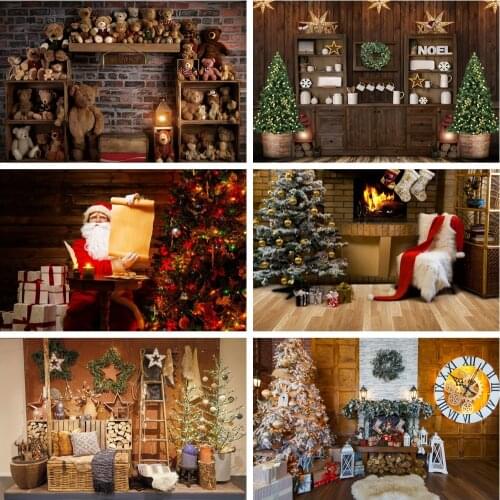 Laeacco Merry Christmas Festivals Old Brick Wall Teddy Bear Wood Shelf Lantern Poster Photo Background Photographic Backdrops
