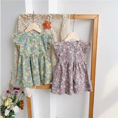 Flying Sleeves Retro Floral Dress For Girls 2021 Summer Korean Princess Dresses Cute Pastoral Style Baby Seaside Clothes Vestido