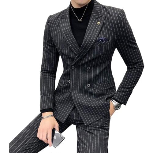 Jacket + Pants ) High-end Fashion Striped Mens Formal Double-breasted Business Suit Groom Wedding Dress Mens Suit 2 Piece Set