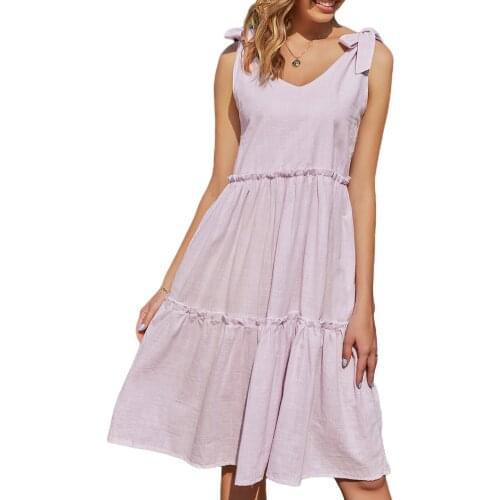 Sexy Women Ruffle Solid Sleeveless V Neck Dress Bow Knot Cotton Linen Summer Female Fashion Party Beach Dresses 2021 New