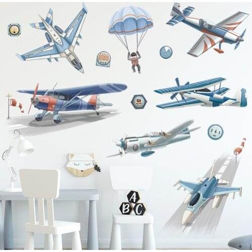 Aircraft Wall Stickers Boy Bedroom Kids Room Decor Aesthetic Nursery Self-adhesive Wallpaper Decals Wall Art Home Decoration