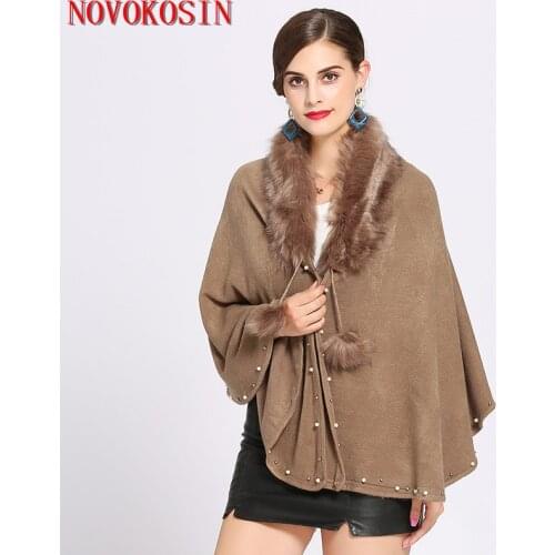 SC200 Faux Cashmere Thick Beads Solid White Coat Winter Faux Fox Fur Neck Cardigan Poncho Warm 2018 Women Casual Loose Pashmina