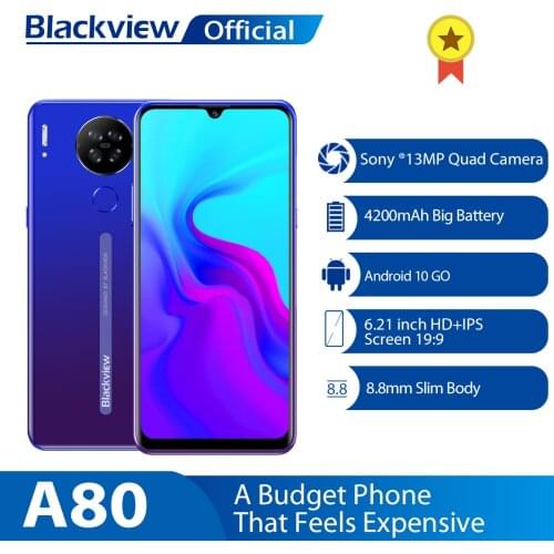 Blackview A80 Android 10.0 Go Quad Rear 13MP Camera Mobile Phone 6.21 Waterdrop Screen 2GB+16GB Cellphone 4200mAh 4G Smartphone