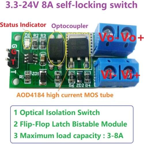 IO95A01 3.3V-24V 8A LED Relay Switch Module Isolation Flip-Flop Latch LED Relay Solenoid Valve Low Consumption For Arduino