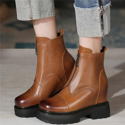 Fashion Sneakers Women Genuine Leather Wedges High Heel Ankle Boots Female Round Toe Chunky Platform Pumps Shoes Casual Shoes